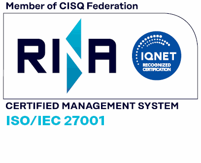 Logo certificazione ISO/IEC 27001 Talos, rilasciata da RINA per il sistema di gestione della sicurezza delle informazioni